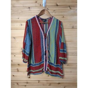 Ali Miles Top Womens Large Multicolor Striped Semi Sheer Blouse Art Colorful